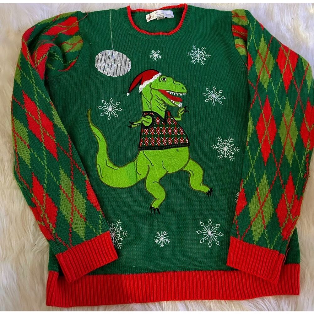Jolly Sweaters Ugly Christmas Sweater Dinosaur T-Rex Dancing Disco Medium